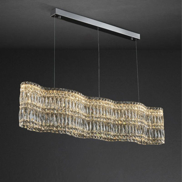 Close-up of Halo Long Crystal Chandelier showing crystal glass detail