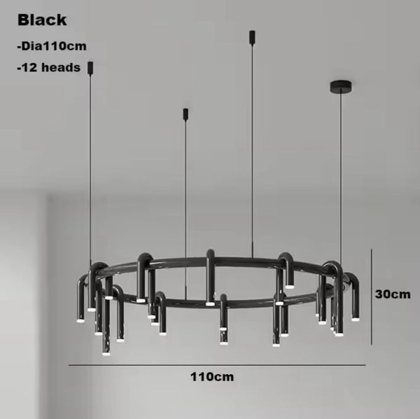 Close-up of Lustre black tube chandelier's modern finish