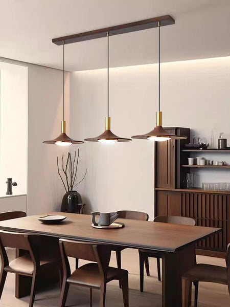 Close-up of 3-in-1 Scandinavian Chandelier showing wood and black base detail