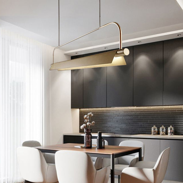 Close-up of Kramer gold chandelier's hanging design