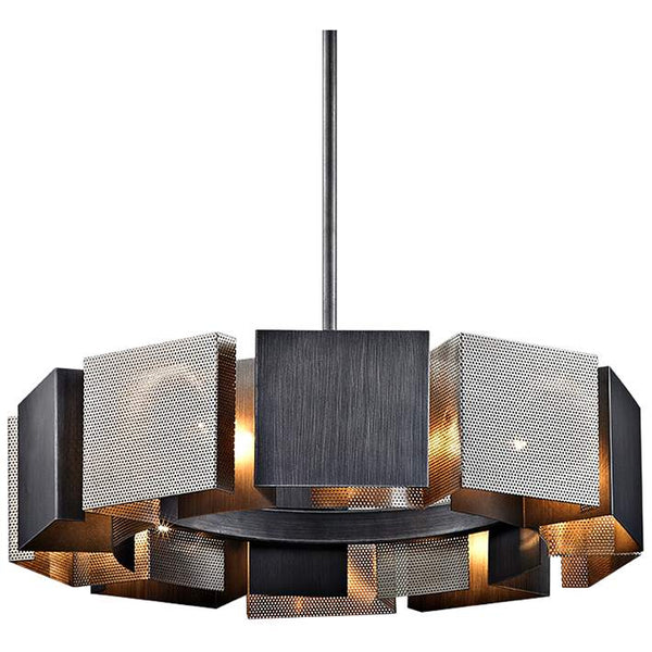Troy bronze chandelier illuminated with warm light