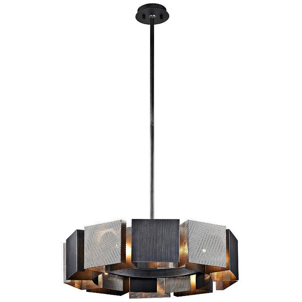 Troy bronze chandelier hanging above a dining table