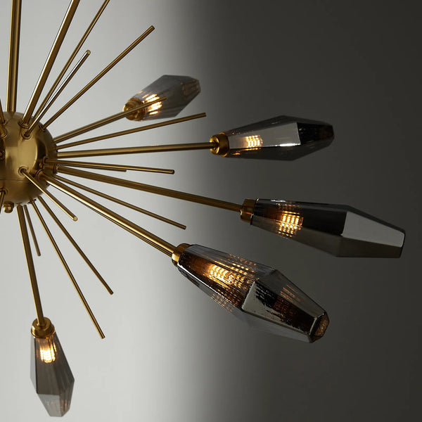 Dragonfly chandelier illuminated in a living room