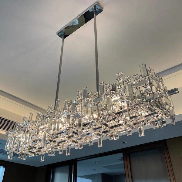 Lynn rectangle chandelier hanging in a living room