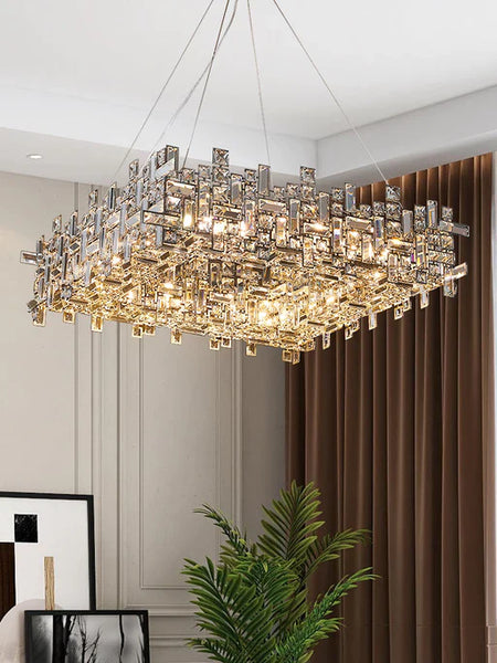 Close-up of Lynn square chandelier's crystal detailing