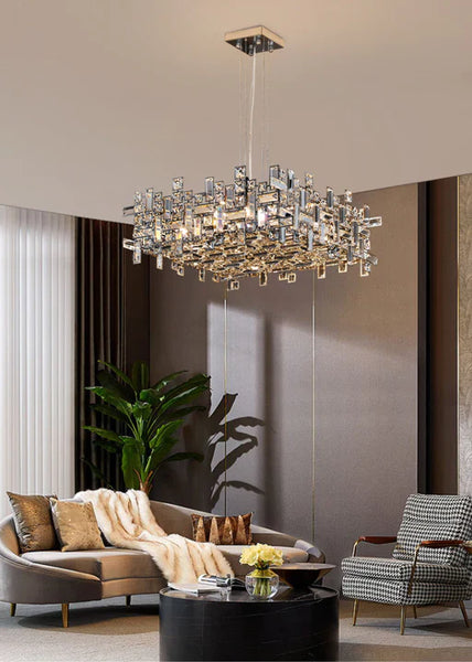 Lynn square chandelier hanging in a dining room