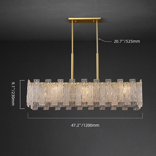 Close-up of Synfonia rectangle chandelier's brass and glass detailing