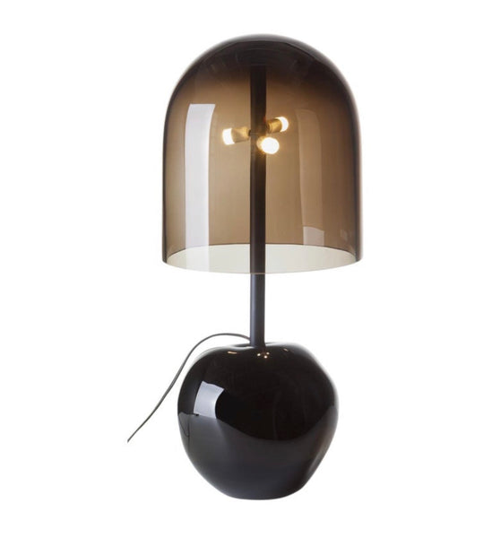 Obsidian Halo lamp illuminated with warm ambient glow
