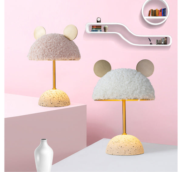 Mickey teddy bear lamp switched on, glowing warm light