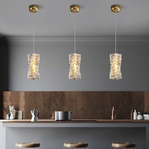 Close-up of Spiral crystal droplight's stainless steel and crystal design