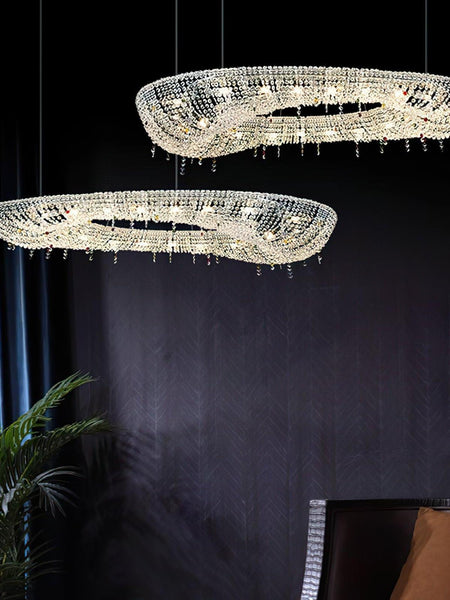 Close-up of Oval crystal chandelier's precision-cut crystals