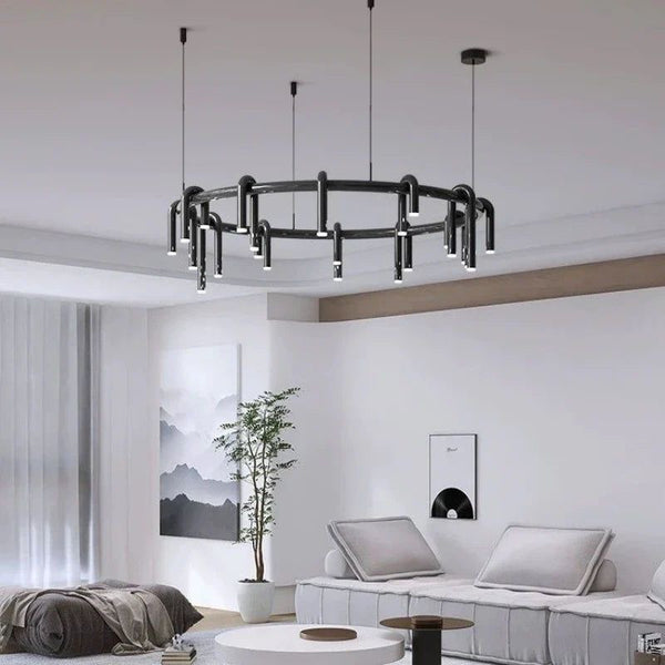 Lustre tube chandelier in black, U-shaped design