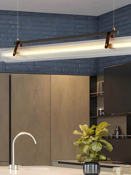 Close-up of Niani black linear pendant's iron and acrylic design