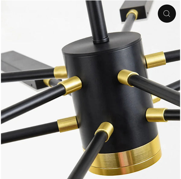 Close-up of Firelli Sputnik chandelier's gold and black finish