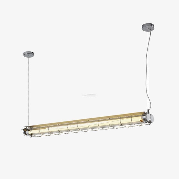 Chrome silver industrial suspension light hanging in a room