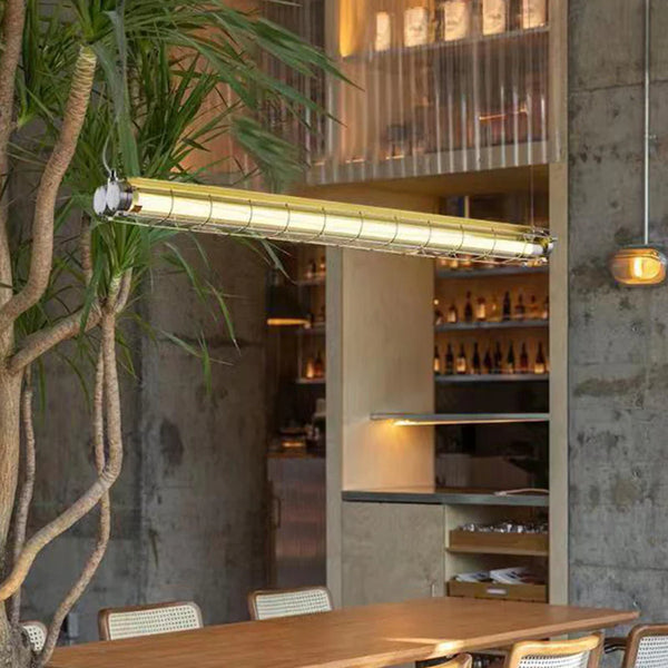 Close-up of Chrome silver industrial suspension light's design