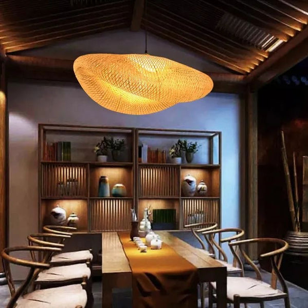 Close-up of Rattan doughnut light's woven bamboo texture