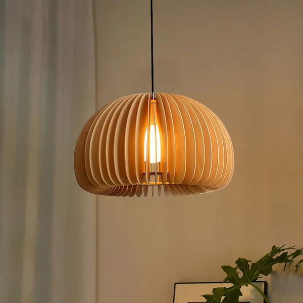 Pumpkin-shaped wood pendant light