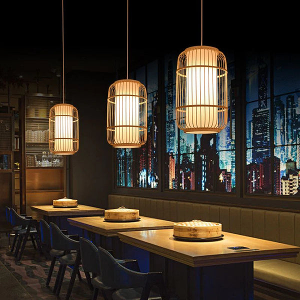 Close-up of Bamboo hanging light's wood finish