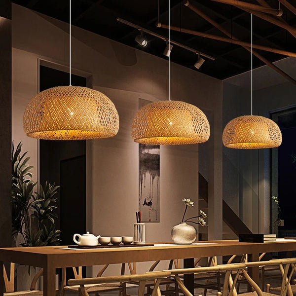 Close-up of Bamboo Wicker light's woven texture