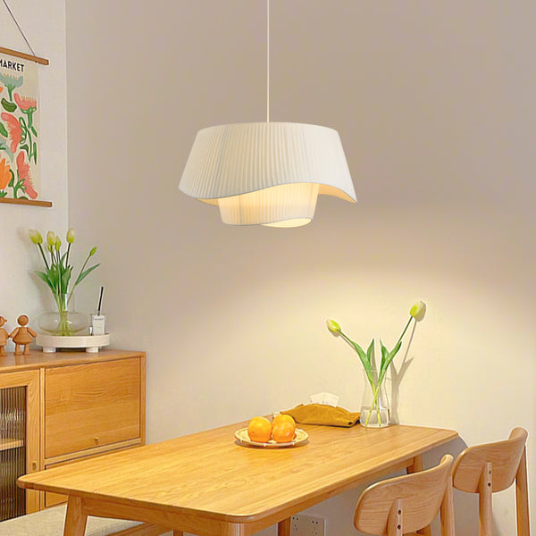 Bohemian fabric chandelier illuminated with soft diffused glow