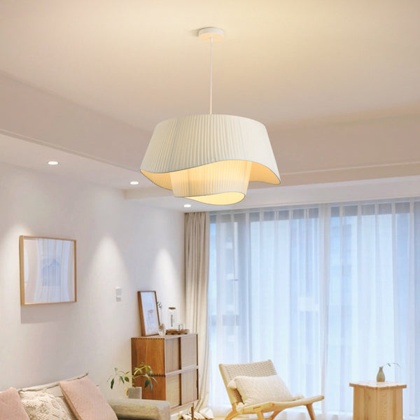 Close-up of Bohemian chandelier's double-layer fabric shade