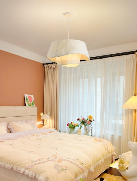 Bohemian fabric chandelier in a bedroom setting