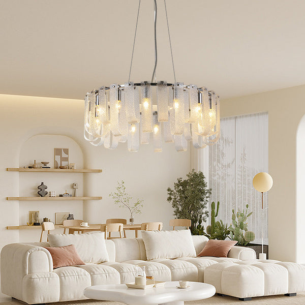 Murano silver chandelier illuminated in a living room