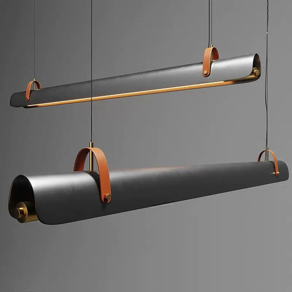 Close-up of Black Roof chandelier's leather joinery detail