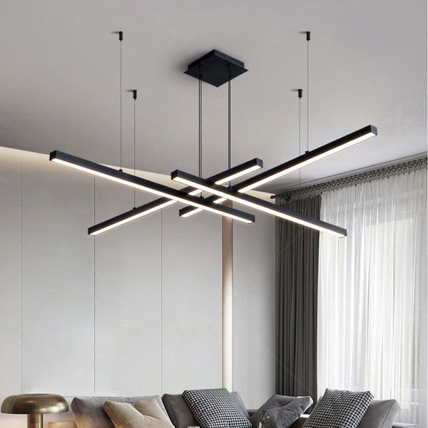 Minimalist Strip Chandelier with 360-degree LED ring hanging above a dining table