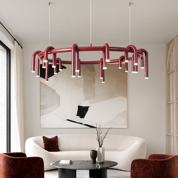 Close-up of Lustre red tube chandelier's modern finish