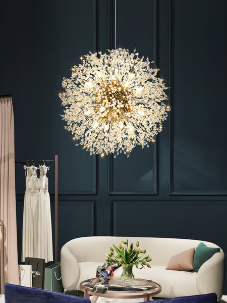 Golden Ball Crystal Chandelier with crystal spheres above a dining table