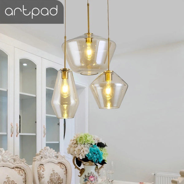 3-in-1 Amber Glass Droplight illuminated above a Nigerian kitchen island